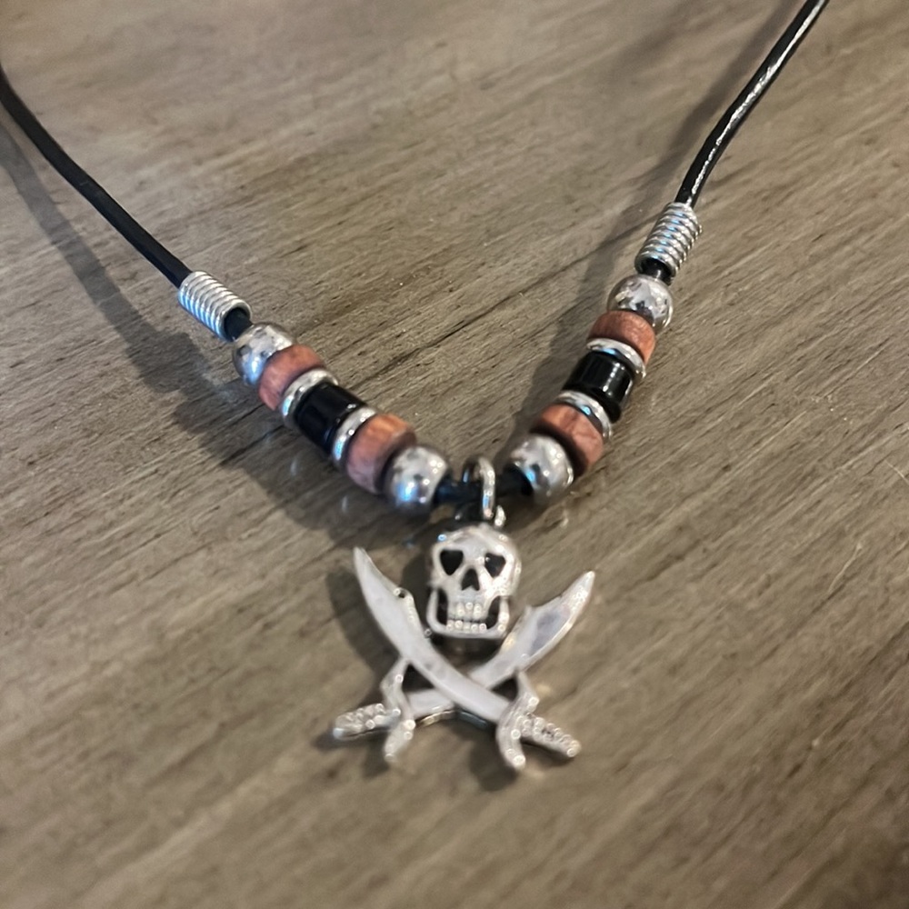 SKULL AND SWORDS PENDANT BEADED CORDED NECKLACE BLACK SILVER TONE UNISEX